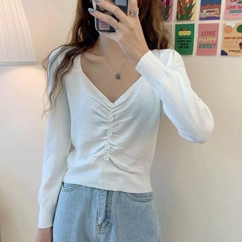Summer Womens Top Sweater vintage All Match Thin Sueters De Mujer moda 2020 Korean Fashion Long Sleeve V-Neck Roupas Femininas