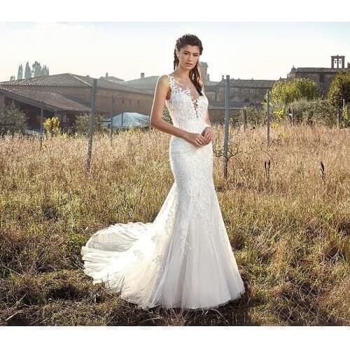 Mermaid Scoop Neck Wedding Dress 2020 Tulle with Lace Appliques Bride dress Sexy Open Back vestido de noiva White Ivory Gown New