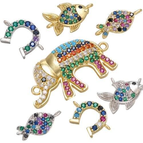 ZHUKOU brass elephant goldfish necklace pendant connector for women handmade DIY necklace jewelry accessories model: VD667