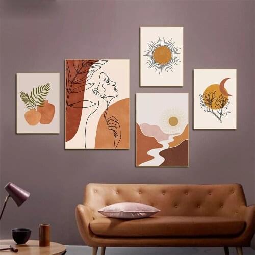 Abstract Landscape Poster Line Face Wall Art Print Sun Moon Canvas Painting Boho Wall Pictures For Living Room Home Decoration