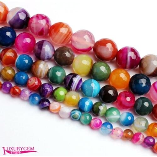 High Quality 4,6,8,10,12,14mm Natural Faceted Round Shape Banded Multicolor Agates Stone DIY Gems Loose Beads 15 Inch wj333