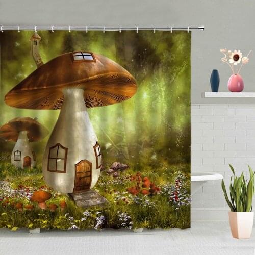 Bathroom Decoration Creative Mushroom House Pond Butterfly Fawn Flowers Partition Screen Waterproof Polyester Fabric With Hook