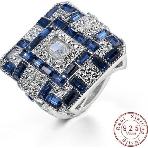 Vintage Style Big Blue White AAA+ Zircon Stone Silver color Square Rings For Women Fashion Wedding Engagement Jewelry Hot Sale