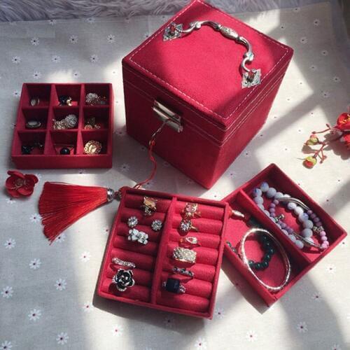Hot sale fashion Portable velvet jewelry box Three-layers small jewelry box Birthday gift jewelry storage jewelry Box Wholesale