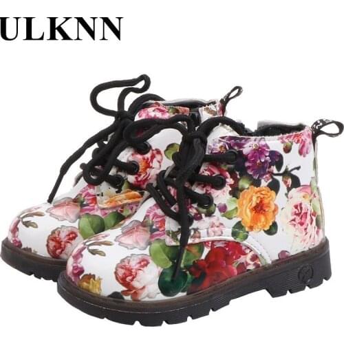 ULKNN Flower White Fashion Kids Leather Martin Boots For Children 2021 Girls Round Toe Soft Rubber Sole Lace-Up Flat Ankle Boots