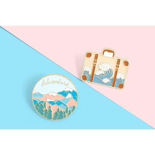 Cartoon Travel Enamel Pins Adventure Tour Suitcase Journey Brooch Bag Button Badge Mountains Ocean Wave Jewelry Gift for Friends