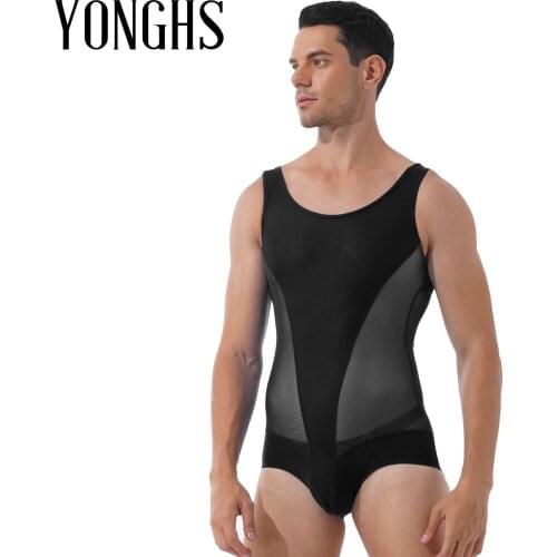 Mens Male Teddies Bodysuit Sheer Mesh Patchwork Wrestling Sport Bodysuit Sleeveless Bulge Pouch Leatord One-piece Swimsuit