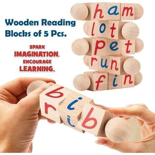 Freeship Wooden Reading Blocks Sets Of 5 Easy Grip Montessori Alphabet Natural Spelling Learning Toy Material for Kids Children