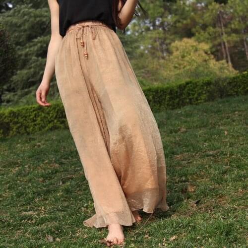 Bohemia Long Skirt Women Elastic High Waist Bling Chiffon Loose Skirt Casual Pleated 2-layer Skirt Faldas Saias Streetwear Beach