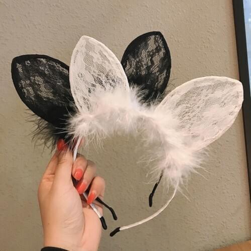 New Sexy White Black Head Bezel Hairy Feather Lace Cat Ears Cute Hair Band Solid Color Headdress Girls Women Hair Accessories