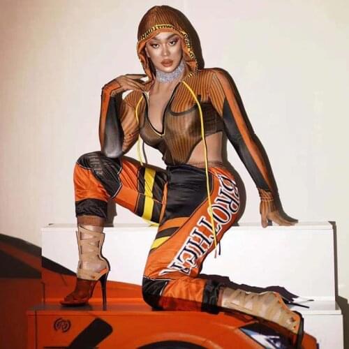 Orange Long Sleeve V-collar Hooded Bodysuit Trousers Women Racer Costume Dancer Singer Club DJ Modern Jazz Dance Spandex Outfit