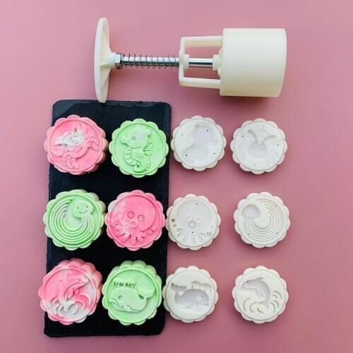 Plastic Mooncake Mold 50g Cookie Cutter 6 Whale Octopus Stamps Hand Press Green Bean Cake Pastry Mould