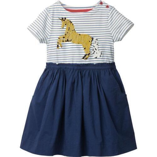 Sequin Unicorn Embroidery Girls Dresses Stripes Summer Princess Dress Baby Girls Clothes Short Sleeve Jersey Dresses Vestido