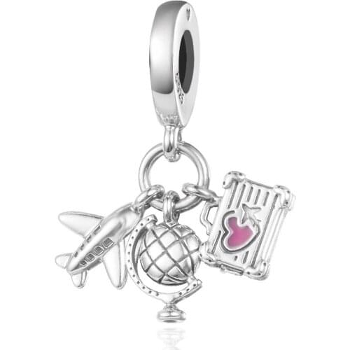 Fits for Pandora Charms Bracelets Airplane Globe & Suitcase Dangle Charm 100% 925 Sterling Silver Jewelry Free Shipping