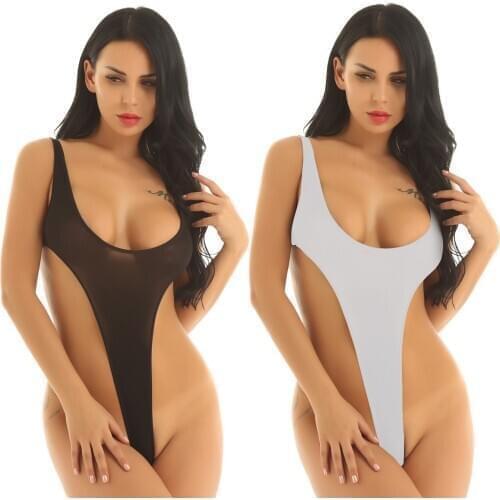 ChicTry Sexy Women Bodysuit High Cut Thong Leotard One Piece Swimsuit Deep U Scoop Neck See Through Erotic Lingerie Monokini