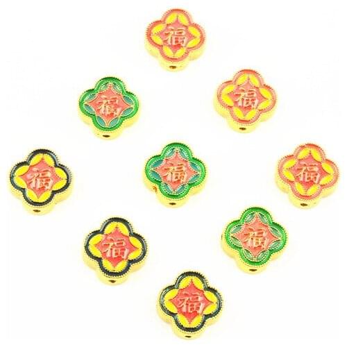 Blue Antique Finish Old Gold Retro Enamel Flower Fu Character Copper-Plated Gold DIY Four-Way Bracelet faceted beads