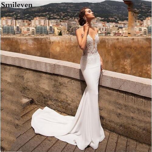 Smileven Sexy Beach Wedding Dress Mermaid Bridal Dresses Lace Appliqued Vestido De Noiva Custom Made Lorie Boho Wedding Gowns