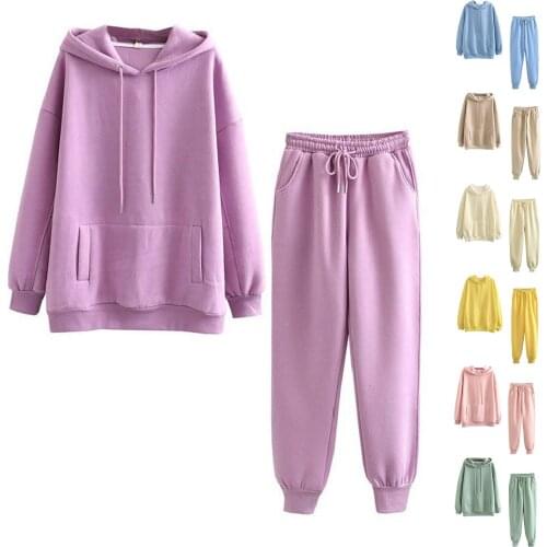 Hooded Tracksuit Women Solid Color Running Sets Hood Wear Lounge Wear Suit Sport Set Tops+Pants Fitness Suit Workout leggins
