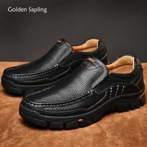 Golden Sapling Genuine Leather Loafers Men Breathable Leisure Formal Shoe Soft Rubber Mens Casual Shoes Vintage Driving Flats
