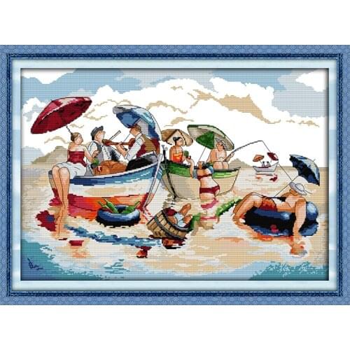 Sea party stamp cross stitch, Printed Fabric14CT Cross Stitch Embroidery Set DMC Threads Handicraft Handiwork cross stitch kits