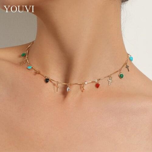 YOUVI Bohemian Gold Necklace for Women Charming Colorful Stone Chain Chockers Handmade Party Jewelry Collares