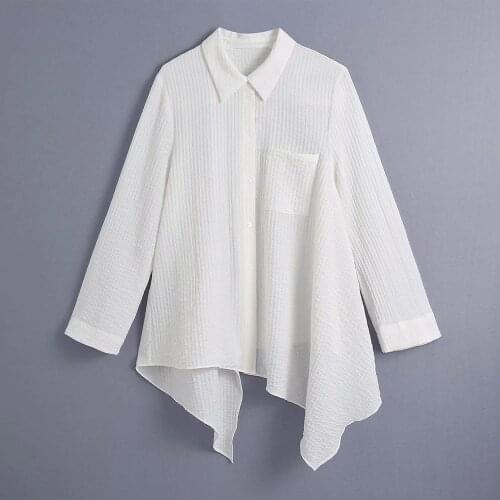 Women Solid white Asymmetrical Long sleeve TurnDown Collar Single Breasted slim Shirt Female streetwear Shirts Ladies Shirt
