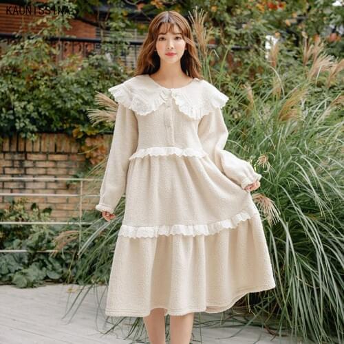 Women Autumn Winter Nightgown Thicken Coral Fleece Bow Lace Princess Lovely Ladies Home Dress Sleepwear