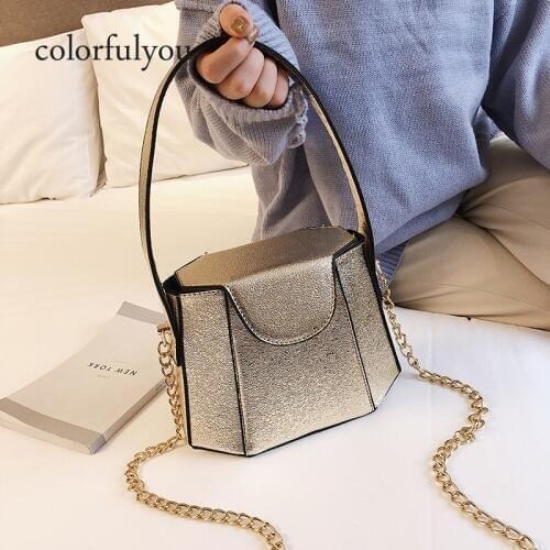 Womens Bucket Bag Shiny fashion handbag For Woman Vintage PU leather chain Messenger Bags Girls shoulder bag Purses 2019 NEW