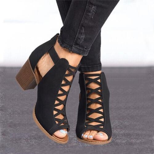 Women Fish Mouth High Heel Sandals Chunky Heel Gladiator Shoes Summer Lady Footwear Plus Size 43 Cross hollow thick heel