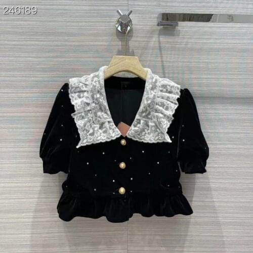 Women Slim Blouses Tops 2021 Autumn Runway Lace Collar Diamonds Velvet Shirt Ladies Elegant Vintage Black Shirts
