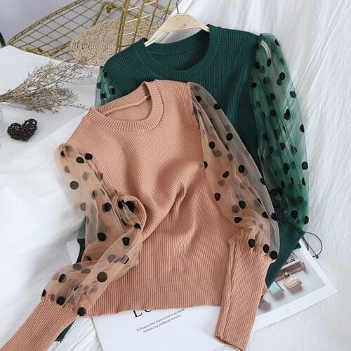 Spring Autumn O Neck Mesh Patchwork Puff Long Sleeve Pullover Sweater Knit Dot Slim Fit Pull Femme Autumn Spring Fashion Top
