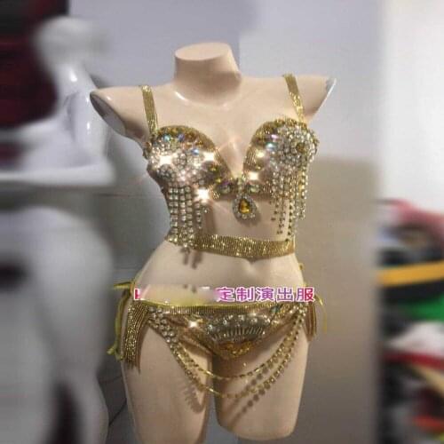 Gold sparkly belly dance bikini costumes nightclub bar party stage show Music festival model bungee suit