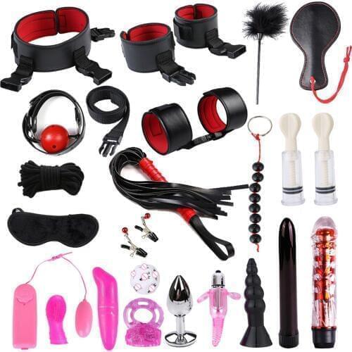 22Pcs Adults Games Props of Bdsm Bondage Kit Bullet Vibrator Handcuff Restraint Neck Collar Anal Bead Butt Plug Intimacy Goods