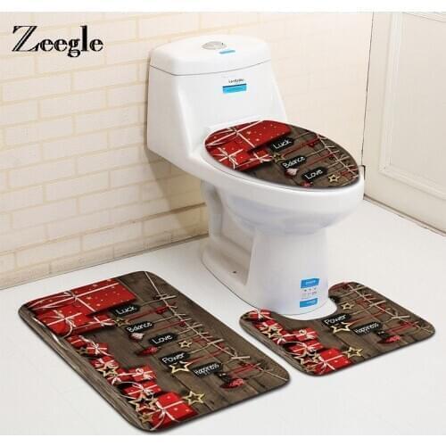Zeegle 3Pieces Christmas Gift Decor Printed Bathroom Absorbent Bath Mat Set Coral Fleece Floor Mat Washable Toilet Rug Door Mats
