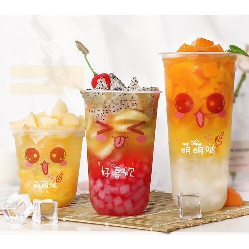 500pcs Cute expression pattern 90 caliber high transparent disposable plastic cup milk tea juice beverage packaging cups