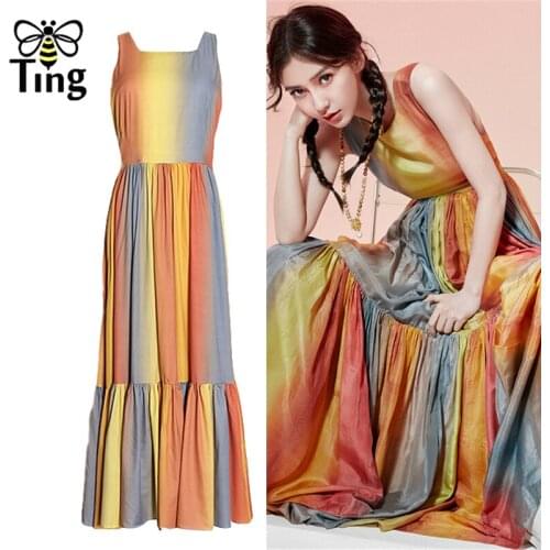 Tingfly Runway Designer Vintage Tie Dye Dress Luxury Party Dinner Long Dresses Elegant Backless Striped Rainbow Celebrity Robe