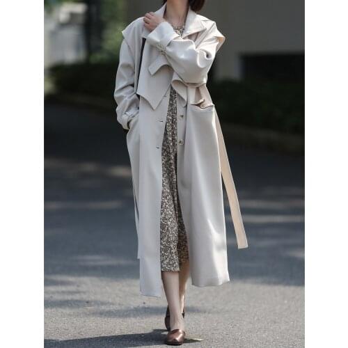 Long Windbreaker Womens 2-piece Set 2021 Autumn New Korean Elegant Loose Trench Coat with Belt