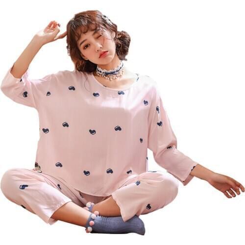 Home service spring and autumn cotton pajamas ladies suit summer XL long sleeve thin round neck striped sexy nightware пижама