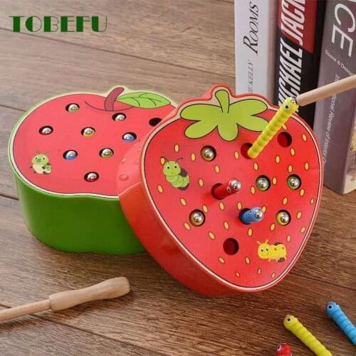 TOBEFU Catch Worm Game Color Cognitive Magnetic Strawberry Apple Baby Wooden Toys 3D Puzzle for Early Childhood Educational