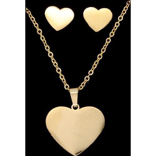 100% Stainless Steel PVD Gold Filled Plain Heart Earring Necklace Jewelry Set AAAAA Quality Never Tarnish 45cm Pendant Necklaces