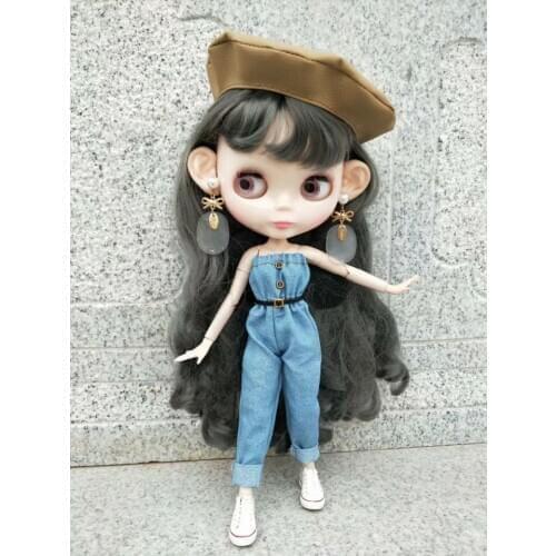 Blythes doll dress 1/6 size fashion light blue jeans button top and matching two-piece suit with khaki mirror cap