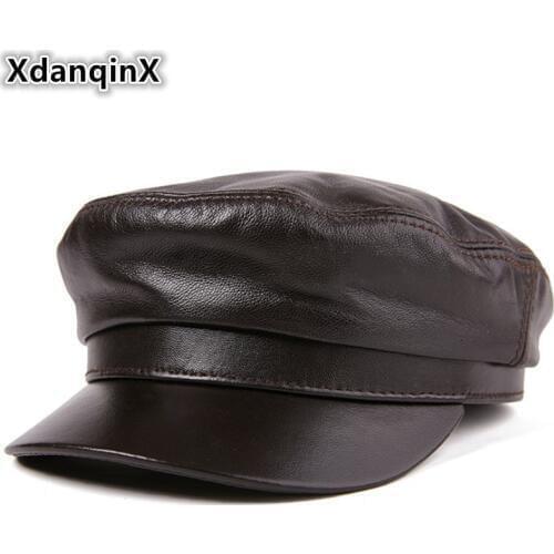 XdanqinX Genuine Leather Hat High Quality Flat Cap For Men Women Sheepskin Army Military Hats Autumn Winter Leather Brands Caps