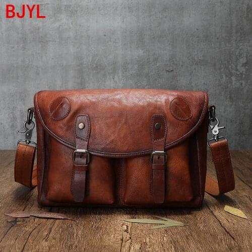 Mens Handbag Casual Briefcase Shoulder Messenger Bag Retro Messenger Bags British Style Cowhide Vegetable Tanned Leather Soft