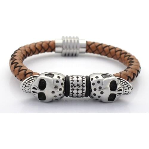 Men Bangles 8MM Genuine Braided Leather Bracelet Never Fade Stainless steel Skull Head Charms Bead Bracelets with Magnet Clasp