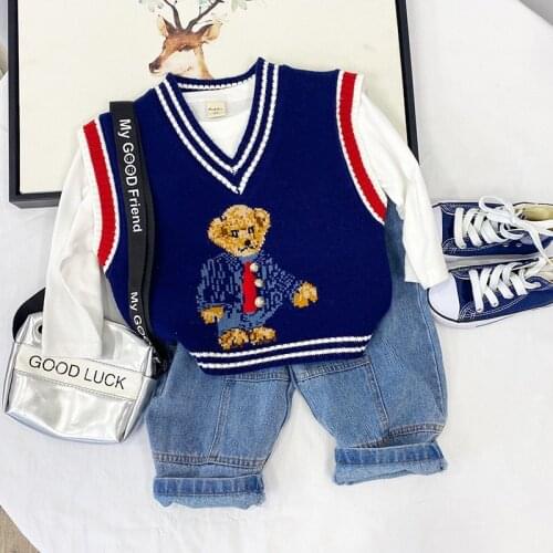 2021 Spring New Childrens Head Bear Girls' Children Toddler Baby Sweater Vest Boys' Sweater Suit