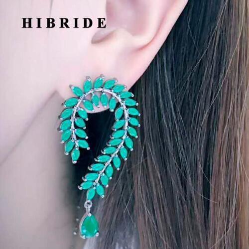 HIBRIDE Wholesale Green Leaf Shape Women Earrings Bohemia Style Cubic Zirconia Earrings Brincos Pendientes Mujer Moda E-595
