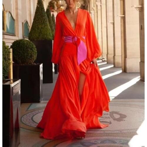 Fall Ladies Dress Slim Solid Color Long-sleeved Fashion V-neck Slit Mopping Skirt Womens Clothing Does Not Contain Belt WE298