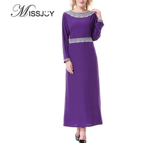 MISSJOY Dubai Muslim Women Dresses Elegant Patchwork O-Neck Malaysia Ladies Abaya Turkish Middle Eastern Long Sleeve Robe Female