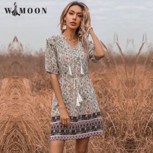 2021 Summer New Floral V-neck Tassel Lace Up Indie Folk A-LINE Above Knee, Mini Casual Elegance Woman Dress Vestido Feminino