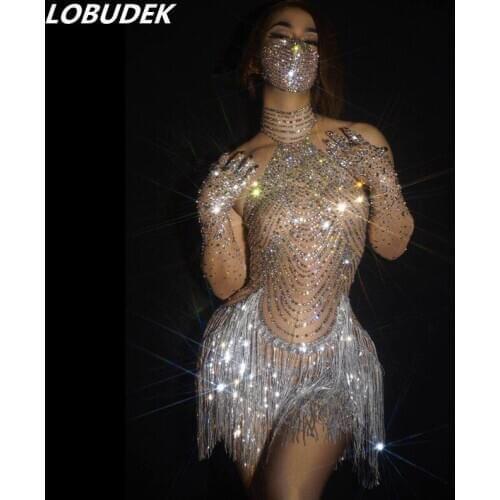 Silver Rhinestones Fringes Bodysuit Sexy Sleeveless Mesh Transparent Stretch Leotard Tassels Latin Dance Costume Nightclub Bar